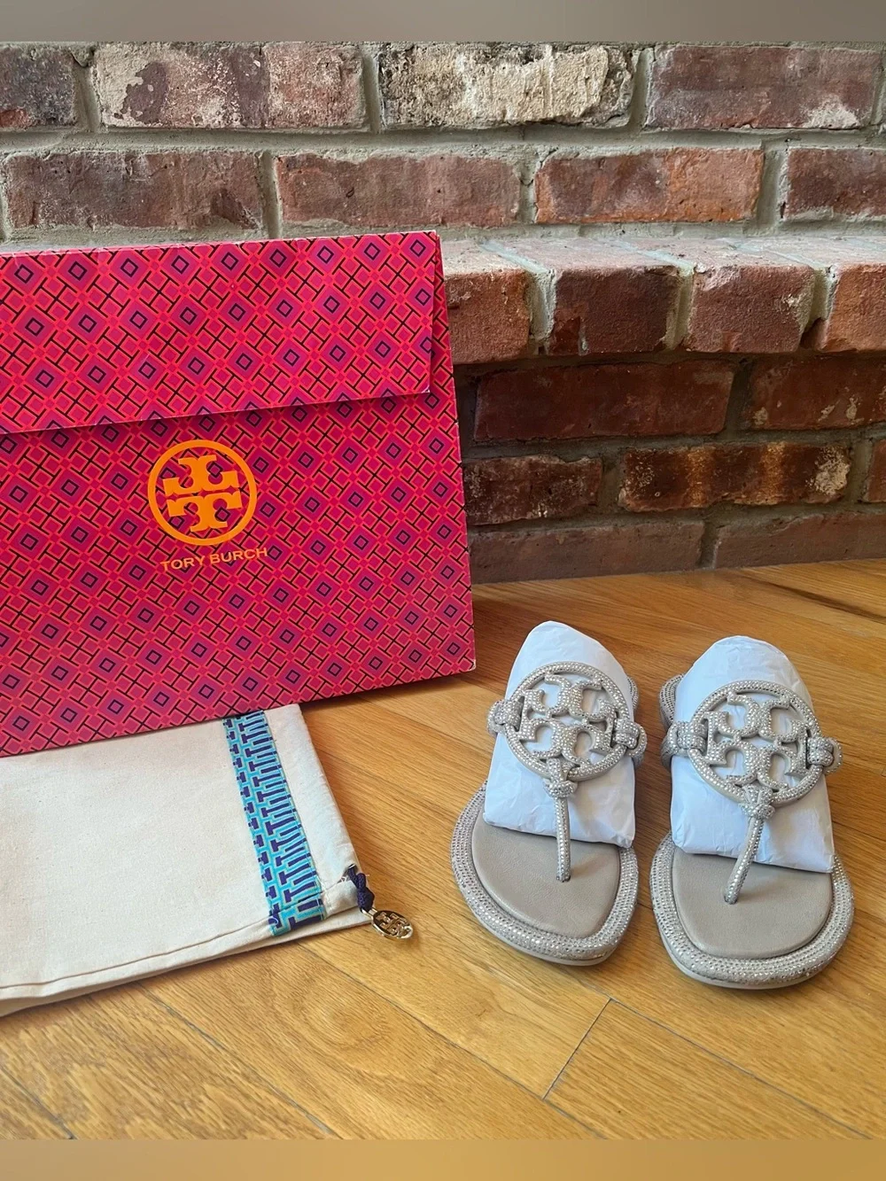 Tory Burch Stone Gray Miller Pavé Knotted Sandals - Picture 2 of 14